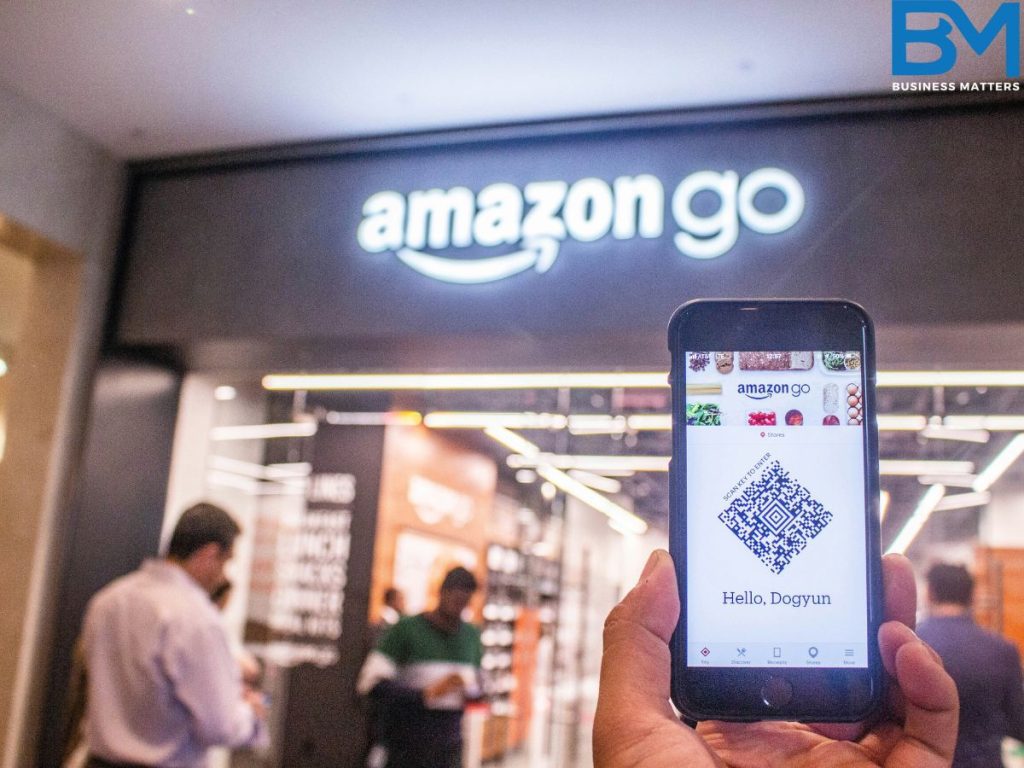 qr code online payment app paying on amazon go with smartphone