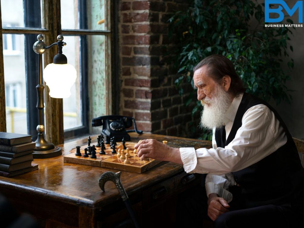 Garry Kasparov, high IQ individual, playing chess in a room