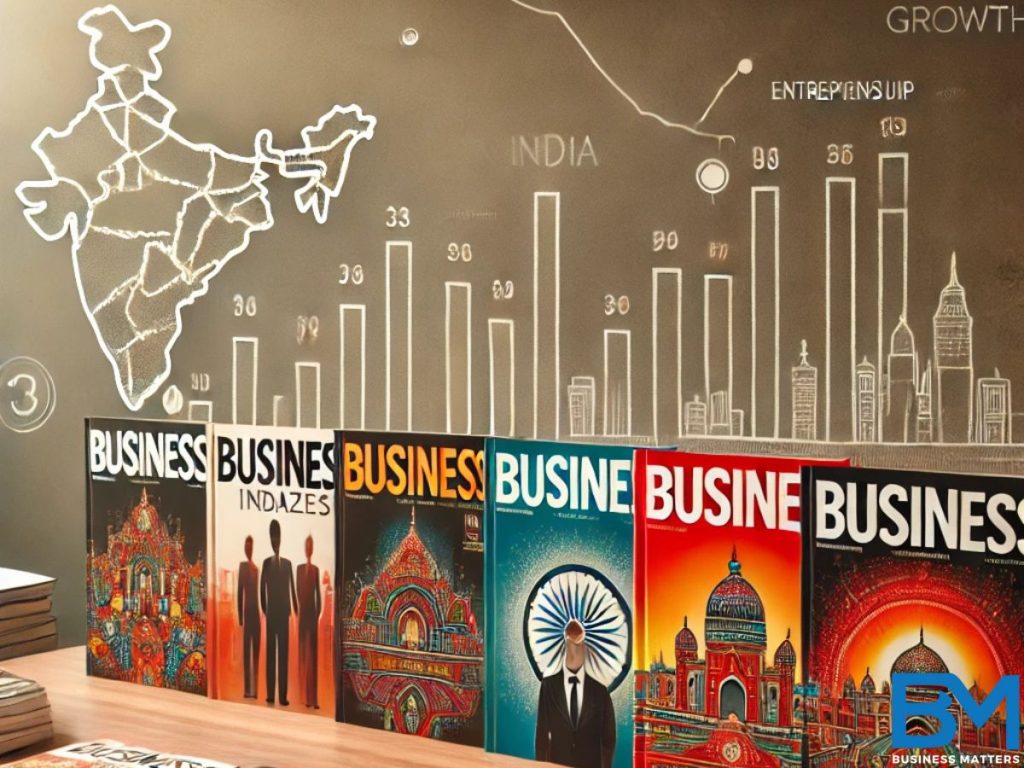 several business magazines placed at one table with Indian Political Map behind on a board