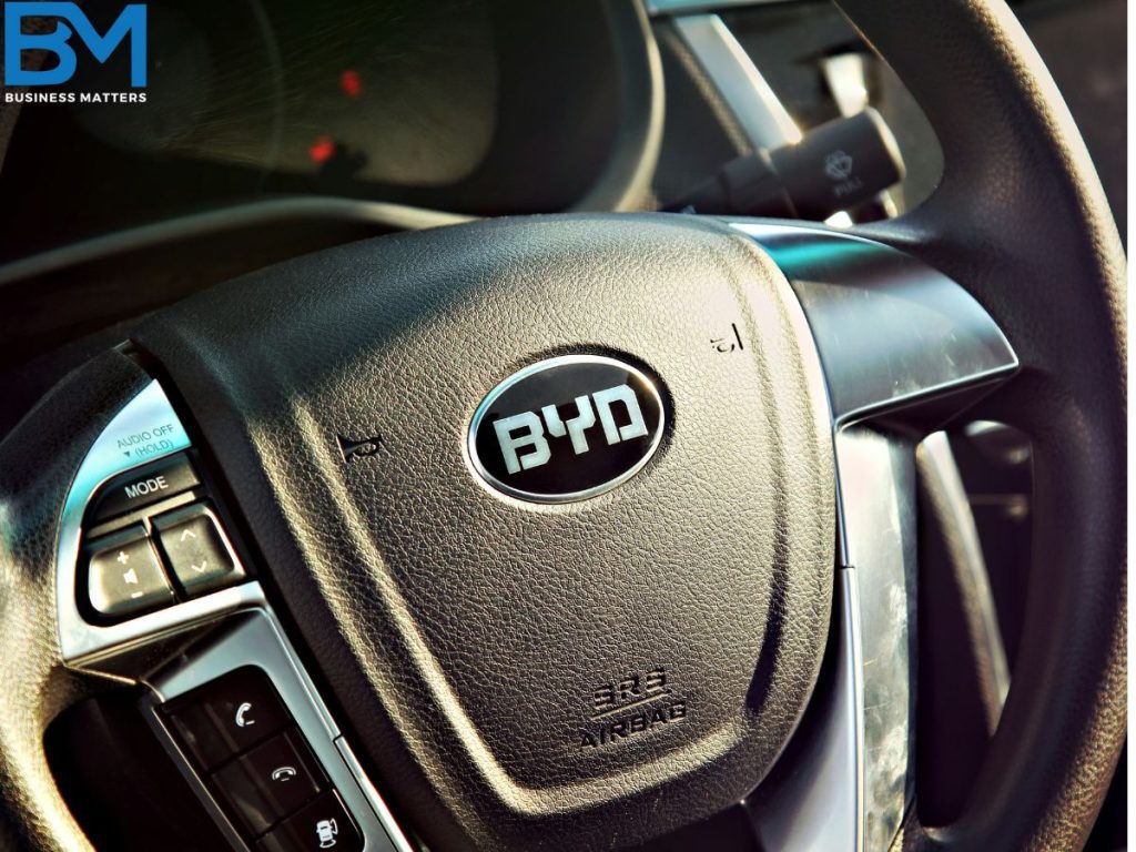 BYD Auto car's grey and silver steering close image