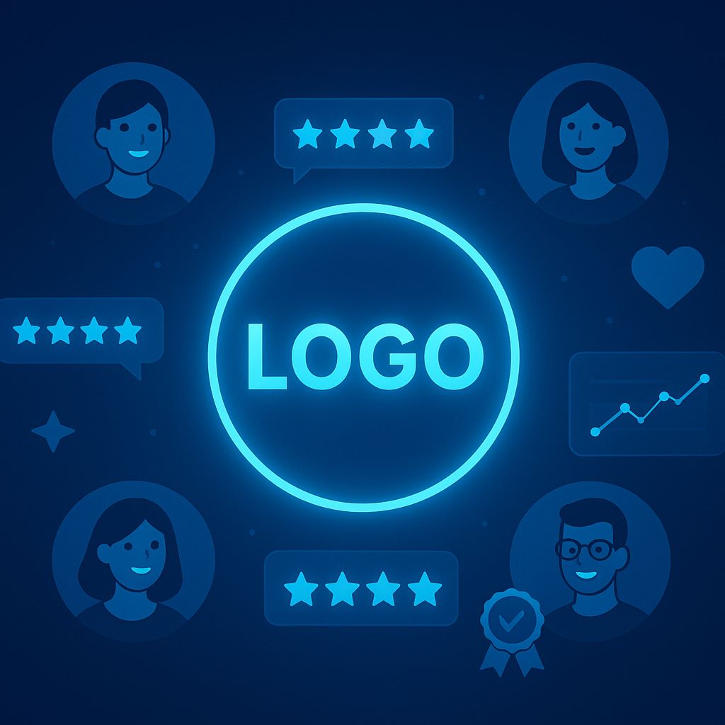 A glowing brand logo surrounded by happy customer avatars, reviews, and loyalty icons.