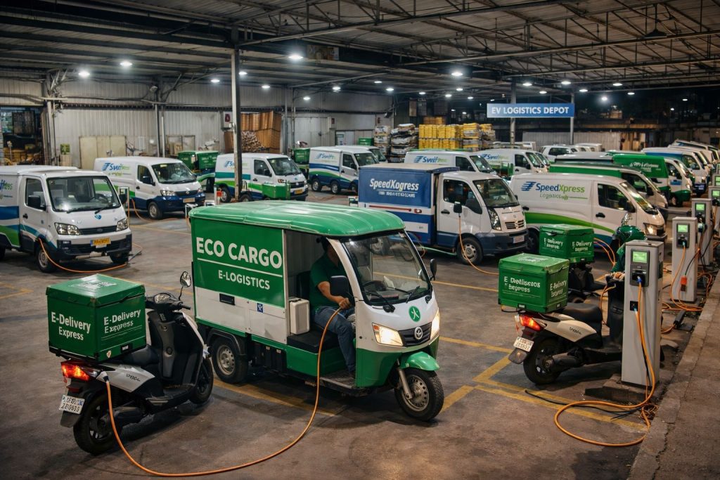 EVs charging at logistics depot at night