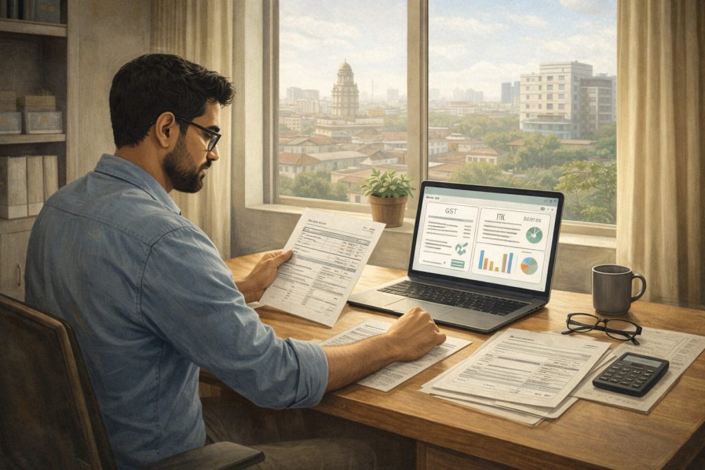 SME owner reviewing tax documents in office