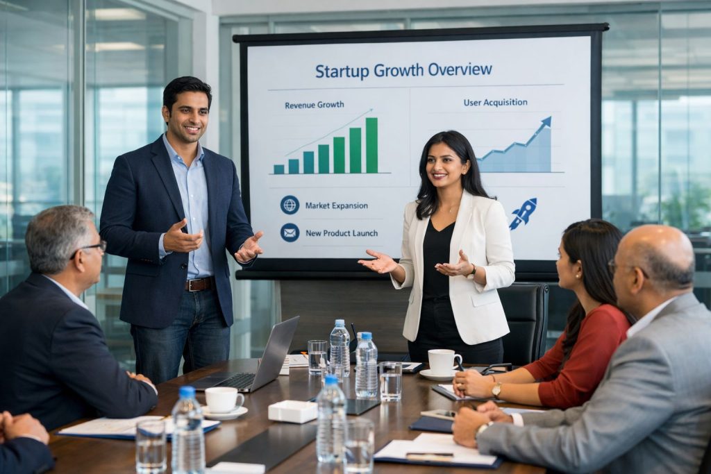 Startup pitch in a modern boardroom
