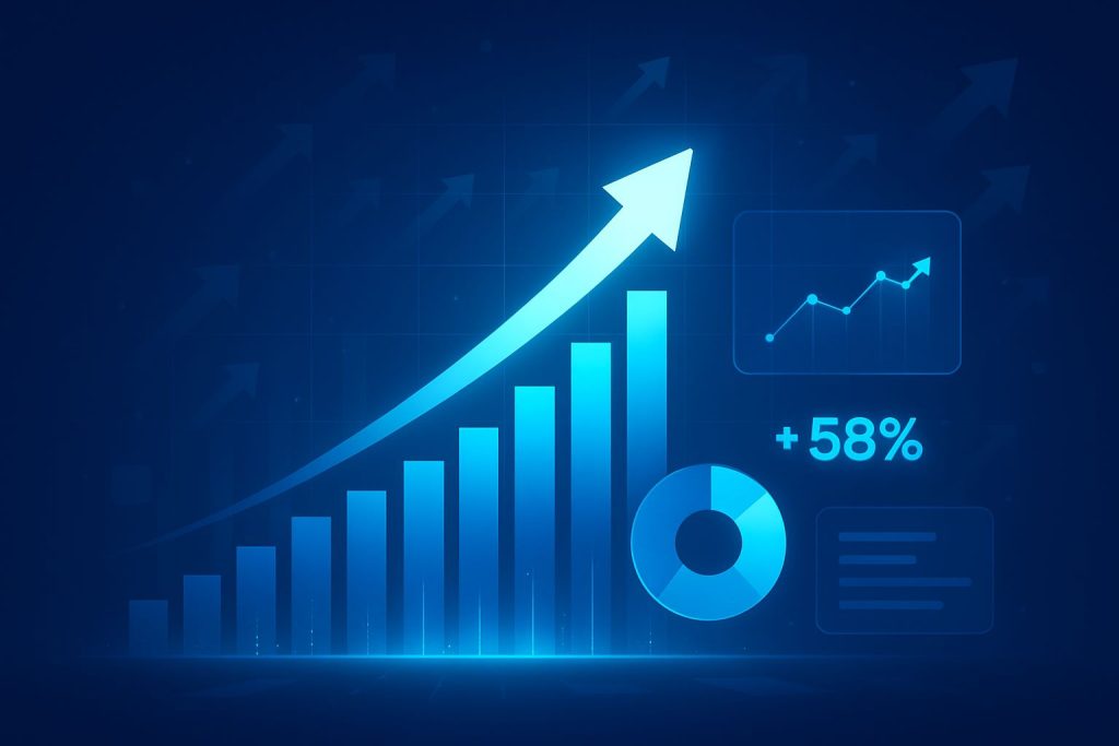 Upward-trending growth graph with dynamic arrows, digital metrics, and holographic data visuals representing startup scaling.