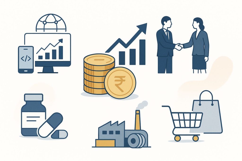 Collage of Indian industries such as IT, pharmaceuticals, steel, and retail representing economic sectors behind India’s richest billionaires.